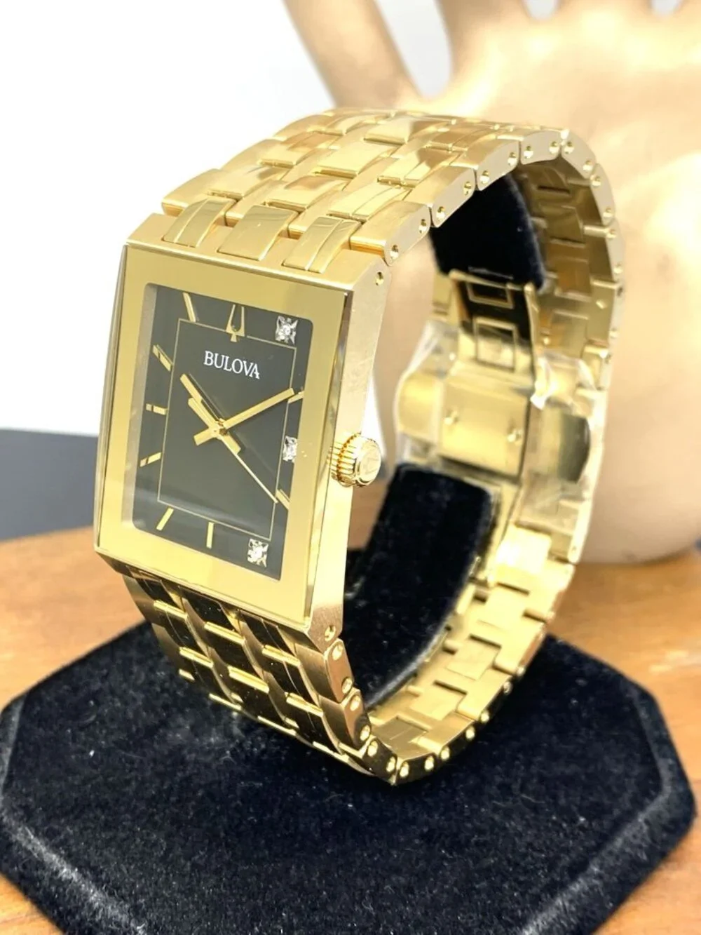 Bulova Men's Watch 97D132 Quadra Quartz Diamond Black Dial Gold Stainless Steel